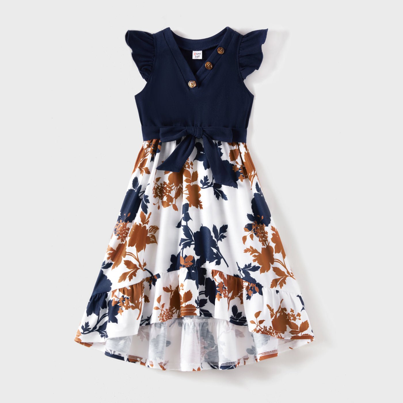 Family Matching Outfits Floral Printed Flutter Sleeve Belt Waist with Bowknot Dress and T-shirts - 20340763