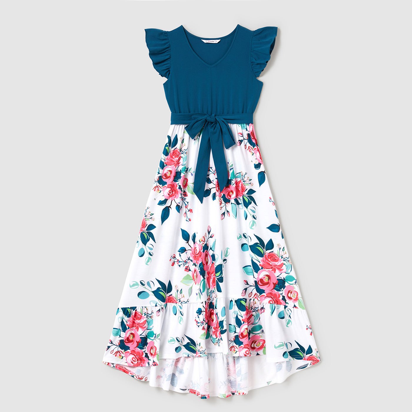 Family Matching Outfits Floral Printed Flutter Sleeve Belt Waist with Bowknot Dress and T-shirts - 20340763