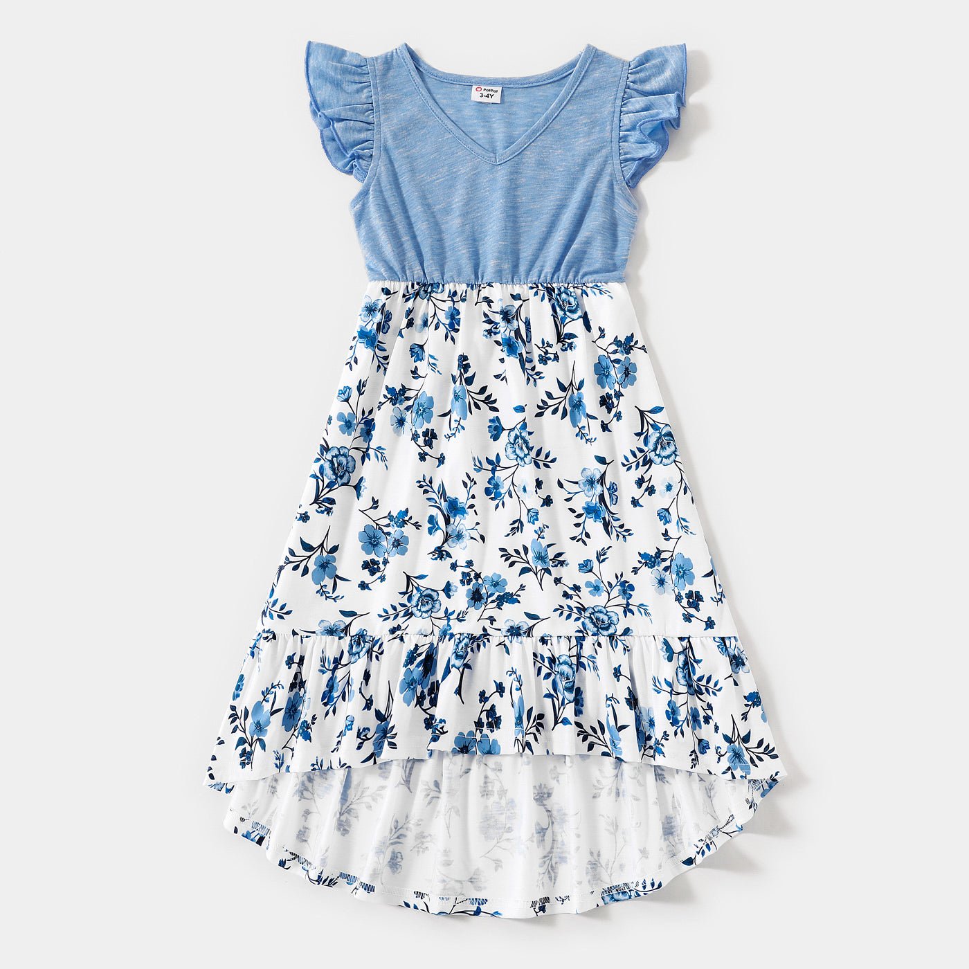 Family Matching Outfits Floral Printed Flutter Sleeve Belt Waist with Bowknot Dress and T-shirts - 20340763