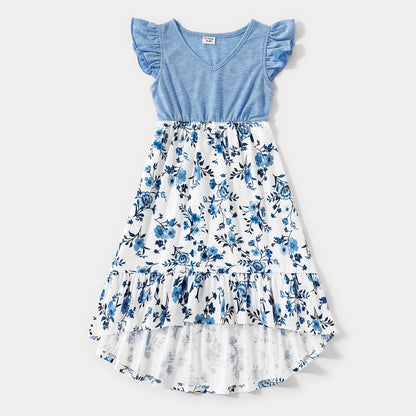 Family Matching Outfits Floral Printed Flutter Sleeve Belt Waist with Bowknot Dress and T-shirts - 20340763