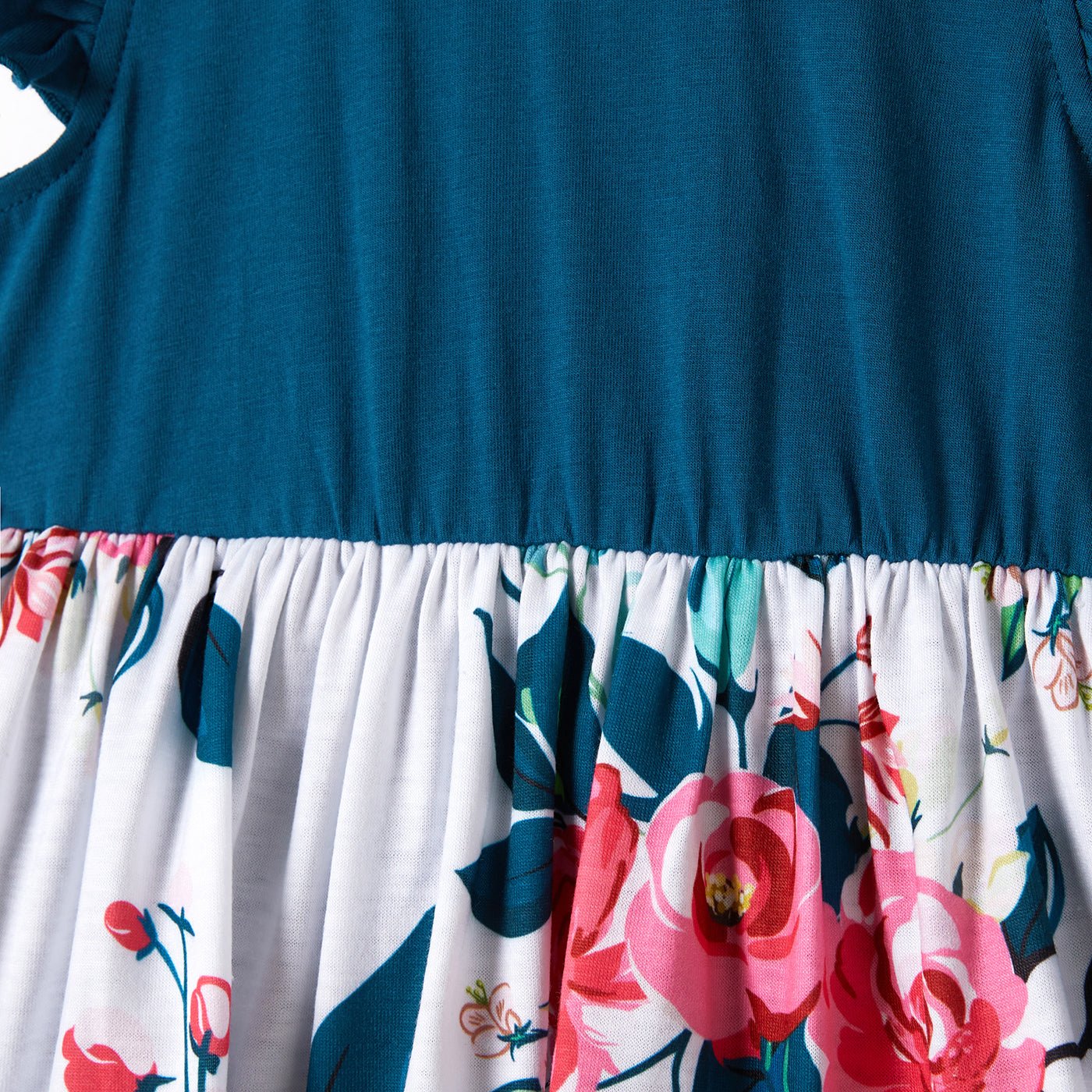 Family Matching Outfits Floral Printed Flutter Sleeve Belt Waist with Bowknot Dress and T-shirts - 20340763