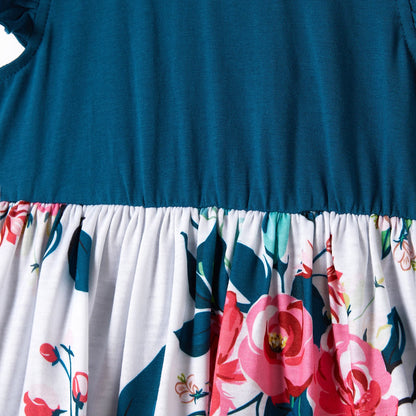 Family Matching Outfits Floral Printed Flutter Sleeve Belt Waist with Bowknot Dress and T-shirts - 20340763