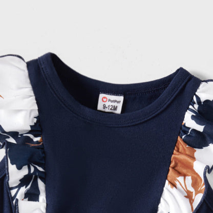 Family Matching Outfits Floral Printed Flutter Sleeve Belt Waist with Bowknot Dress and T-shirts - 20340763