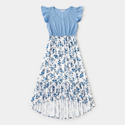 Family Matching Outfits Floral Printed Flutter Sleeve Belt Waist with Bowknot Dress and T-shirts - 20340763