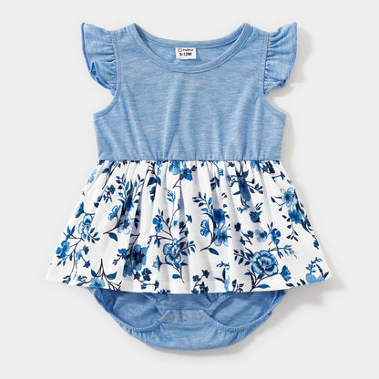 Family Matching Outfits Floral Printed Flutter Sleeve Belt Waist with Bowknot Dress and T-shirts - 20340763