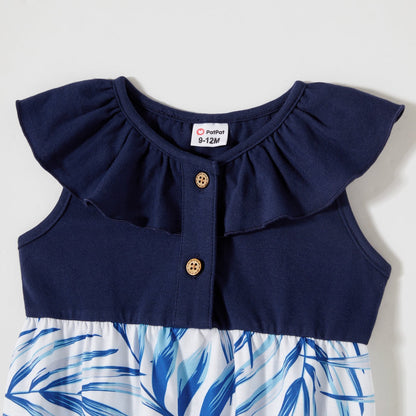 Family Matching Outfits Floral Printed Flutter Sleeve Belt Waist with Bowknot Dress and T-shirts - 20340763