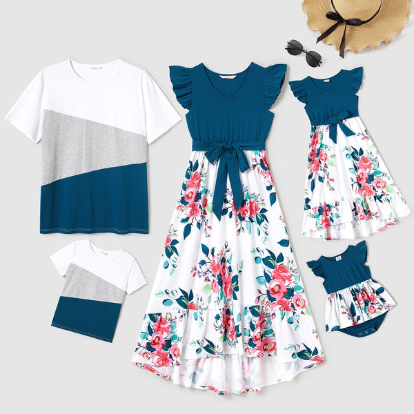 Family Matching Outfits Floral Printed Flutter Sleeve Belt Waist with Bowknot Dress and T-shirts - 20417872