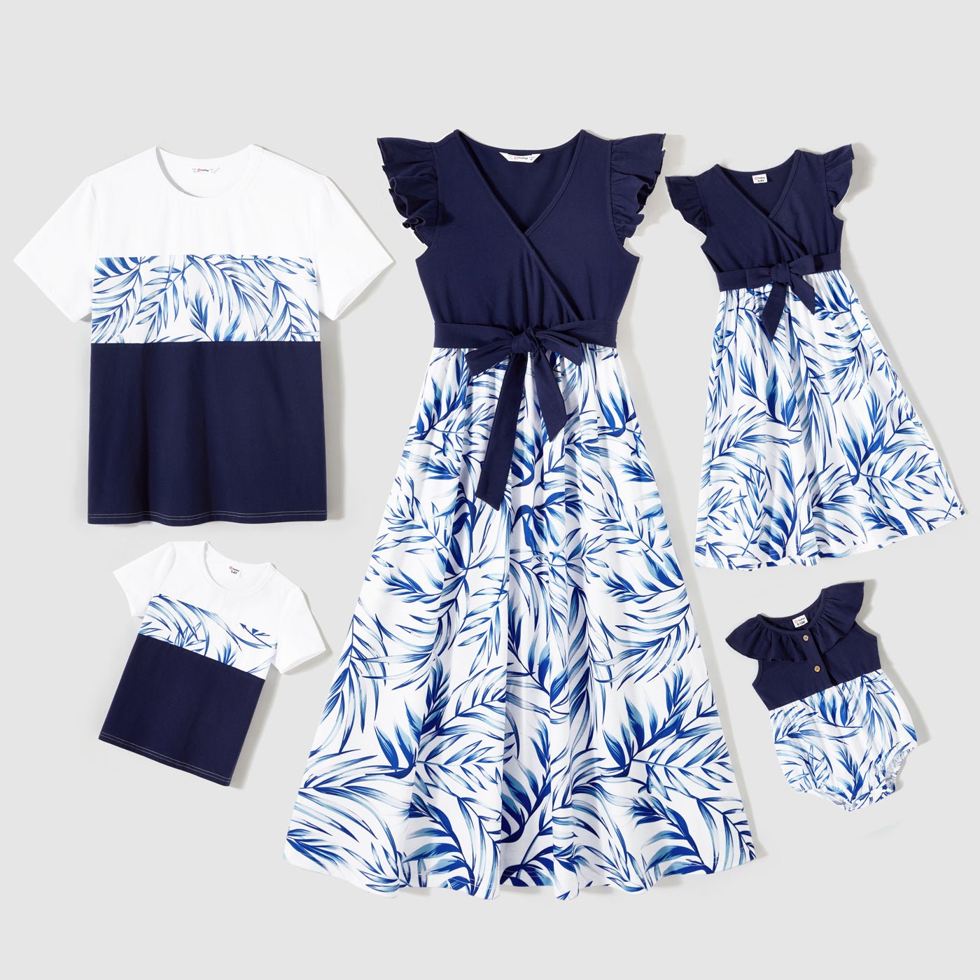 Family Matching Outfits Floral Printed Flutter Sleeve Belt Waist with Bowknot Dress and T-shirts - 20446586