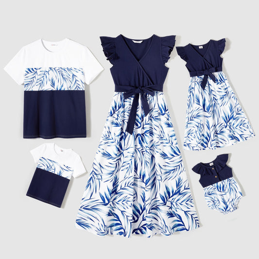 Family Matching Outfits Floral Printed Flutter Sleeve Belt Waist with Bowknot Dress and T-shirts - 20446586