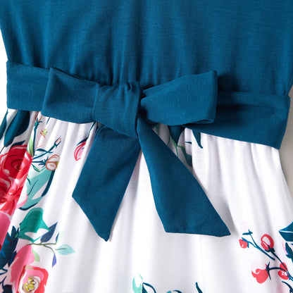 Family Matching Outfits Floral Printed Flutter Sleeve Belt Waist with Bowknot Dress and T-shirts - 20340763