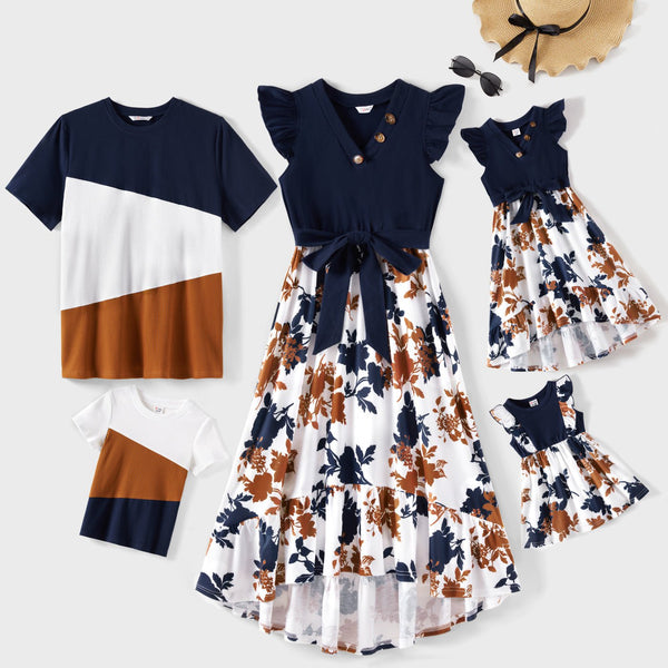 Family Matching Outfits Floral Printed Flutter Sleeve Belt Waist with Bowknot Dress and T-shirts - 20549345