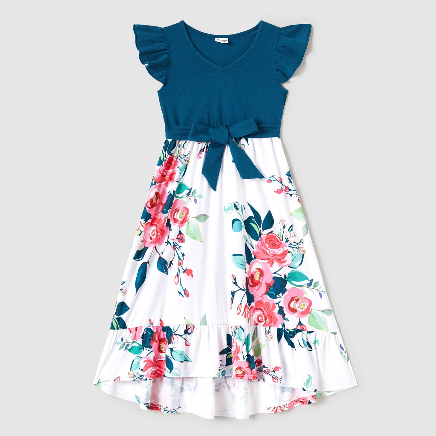 Family Matching Outfits Floral Printed Flutter Sleeve Belt Waist with Bowknot Dress and T-shirts - 20340763
