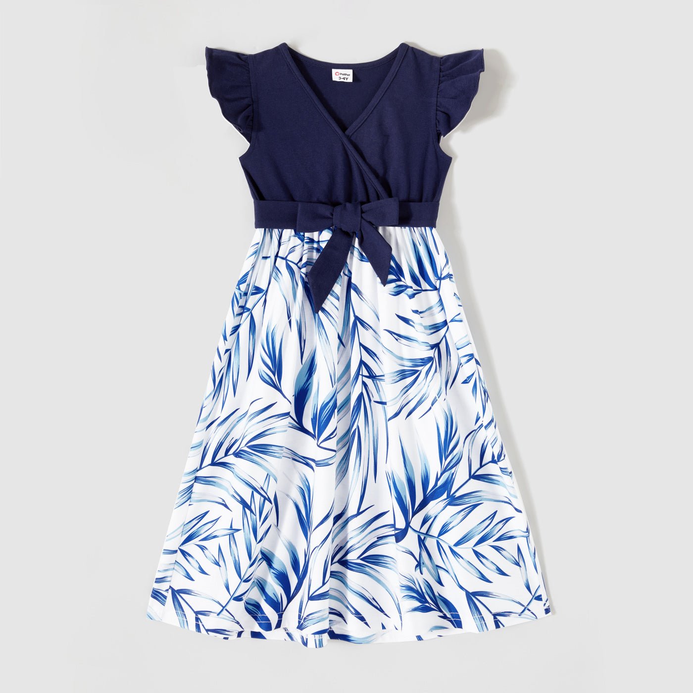 Family Matching Outfits Floral Printed Flutter Sleeve Belt Waist with Bowknot Dress and T-shirts - 20340763