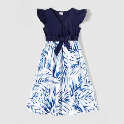 Family Matching Outfits Floral Printed Flutter Sleeve Belt Waist with Bowknot Dress and T-shirts - 20340763