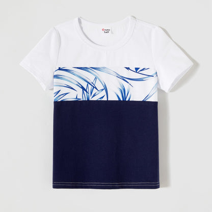 Family Matching Outfits Floral Printed Flutter Sleeve Belt Waist with Bowknot Dress and T-shirts - 20340763