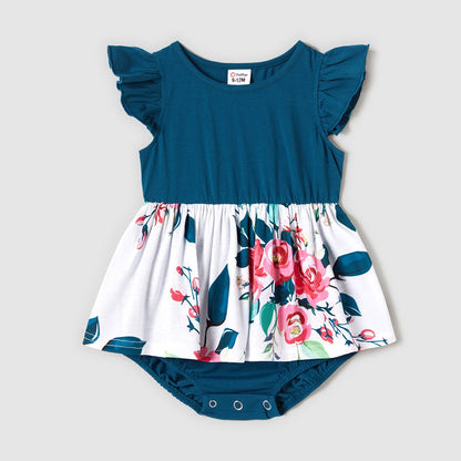 Family Matching Outfits Floral Printed Flutter Sleeve Belt Waist with Bowknot Dress and T-shirts - 20340763