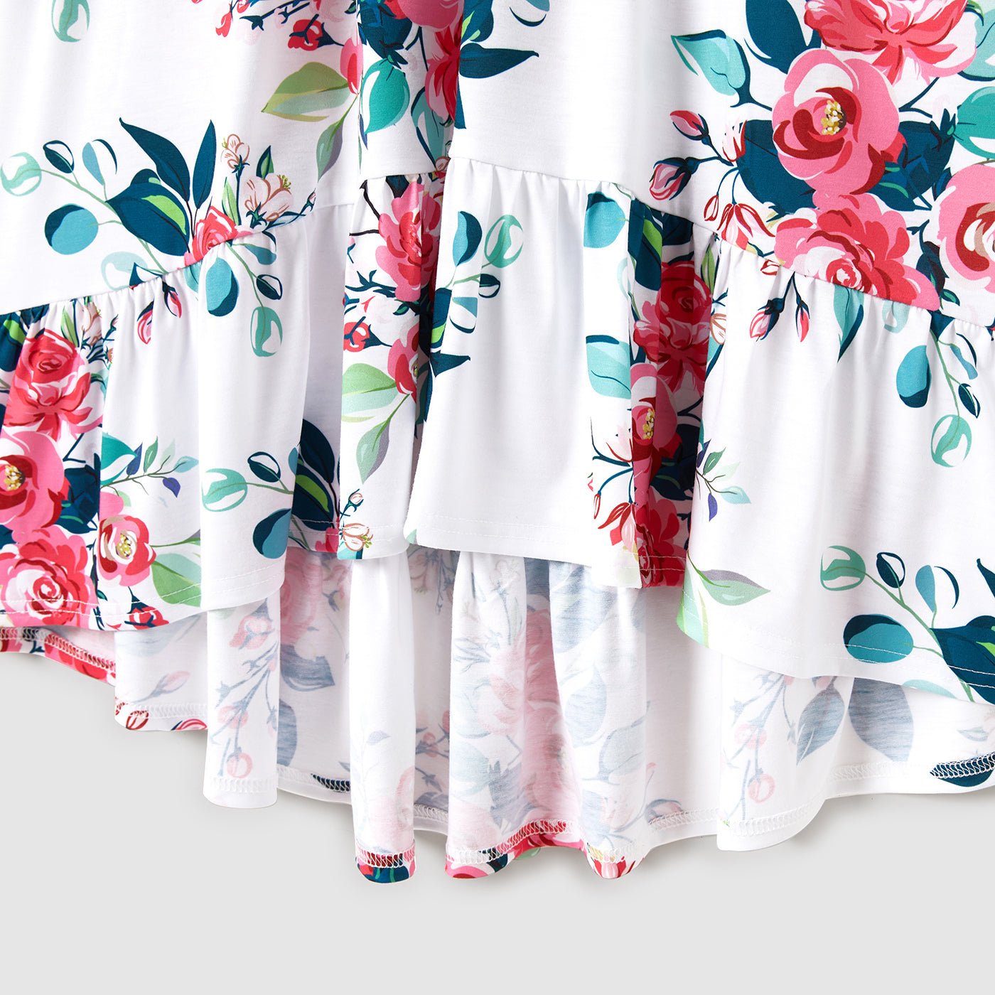 Family Matching Outfits Floral Printed Flutter Sleeve Belt Waist with Bowknot Dress and T-shirts - 20340763