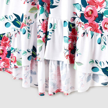 Family Matching Outfits Floral Printed Flutter Sleeve Belt Waist with Bowknot Dress and T-shirts - 20340763