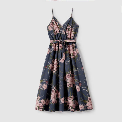 Family Matching Outfits Floral Printed V-neck Cami Dress and T-shirts with Pocket - 20610125