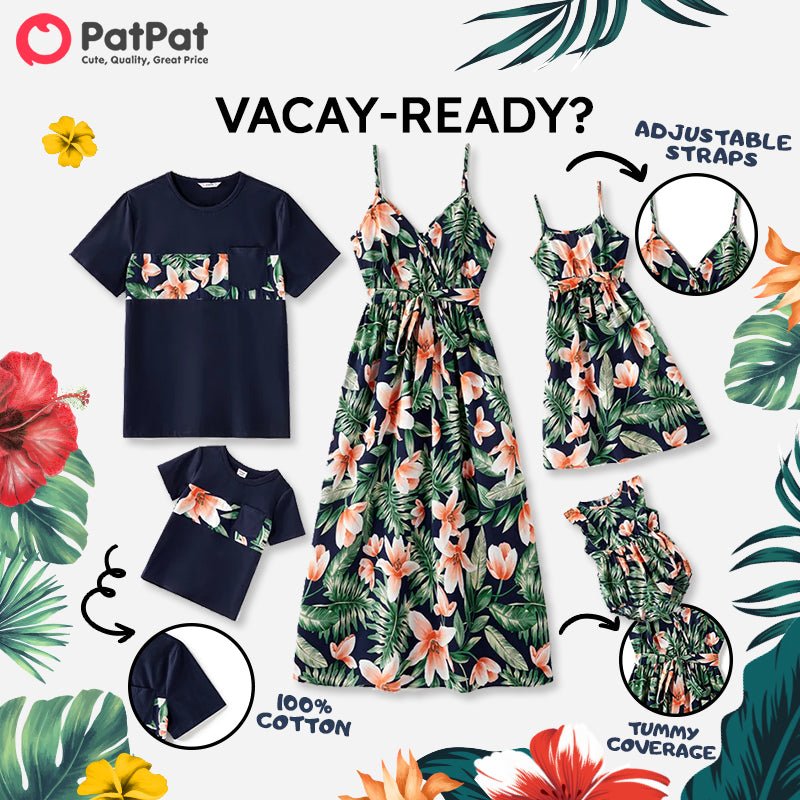 Family Matching Outfits Floral Printed V-neck Cami Dress and T-shirts with Pocket - 20610125