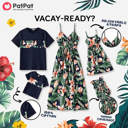 Family Matching Outfits Floral Printed V-neck Cami Dress and T-shirts with Pocket - 20610125