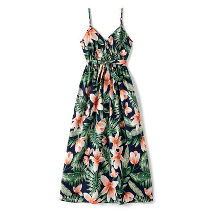 Family Matching Outfits Floral Printed V-neck Cami Dress and T-shirts with Pocket - 20610125