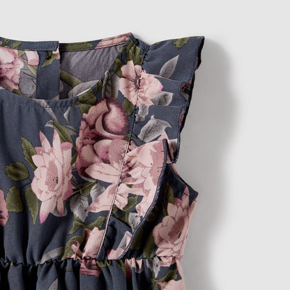 Family Matching Outfits Floral Printed V-neck Cami Dress and T-shirts with Pocket - 20610125