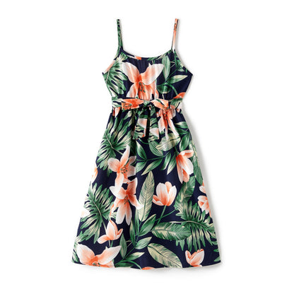 Family Matching Outfits Floral Printed V-neck Cami Dress and T-shirts with Pocket - 20610125