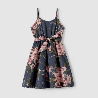 Family Matching Outfits Floral Printed V-neck Cami Dress and T-shirts with Pocket - 20610125