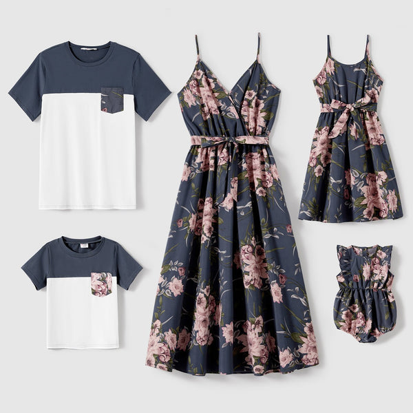 Family Matching Outfits Floral Printed V-neck Cami Dress and T-shirts with Pocket - 20610125