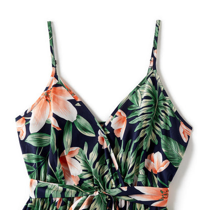 Family Matching Outfits Floral Printed V-neck Cami Dress and T-shirts with Pocket - 20610125