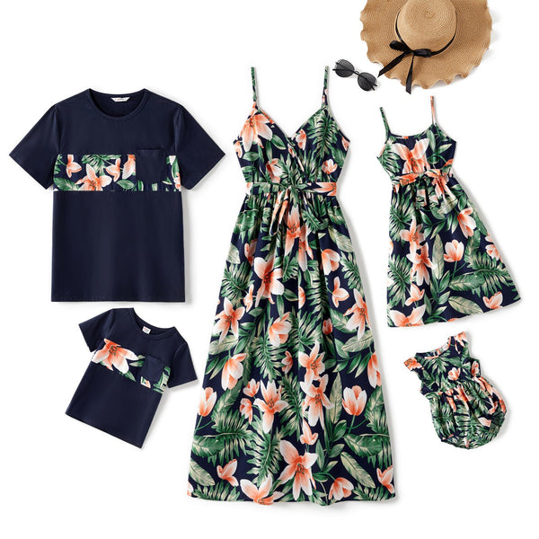 Family Matching Outfits Floral Printed V-neck Cami Dress and T-shirts with Pocket - 20318099