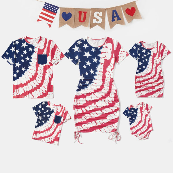 Family Matching Outfits Independence Day Drawstring Short-Sleeve Bodycon and T-Shirts - 20622735