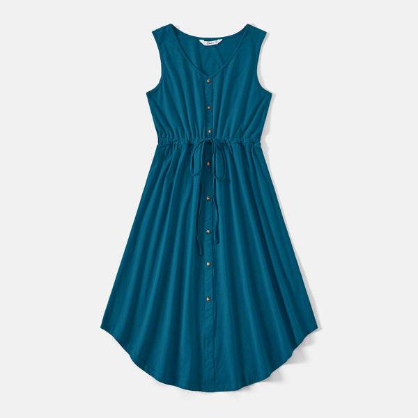 Family Matching Patch Pocket Drawstring Button Up Tank Dresses and Color Block Short-sleeve T-shirts Sets - 20660120