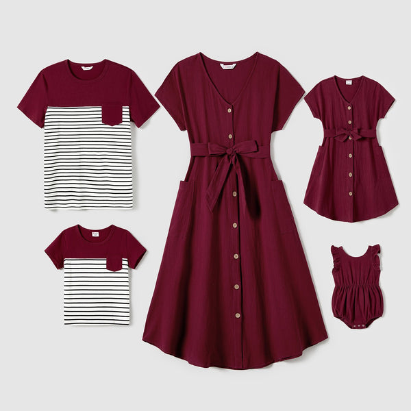 Family Matching Patch Pocket Short-sleeve Button Up Belted Dresses and Striped Short-sleeve T-shirts Sets - 20657046