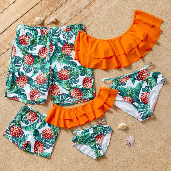 Family Matching Pineapple Print Ruffled Two-piece Swimsuit or Swim Trunks Shorts - 20640981