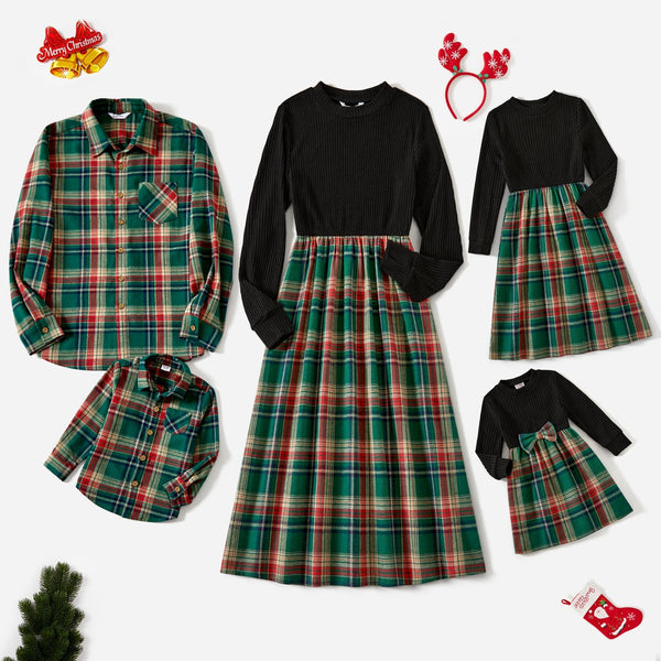 Family Matching Plaid Long Sleeve Dresses and Plaid Long Sleeve Button Tops Sets - 20691062