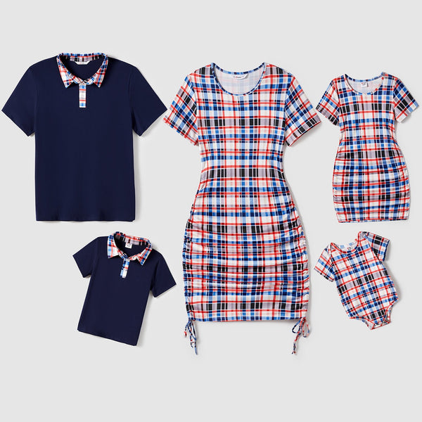 Family Matching Plaid Print Drawstring Ruched Bodycon Dresses and Polo Short-sleeve Tops Sets - 20687095