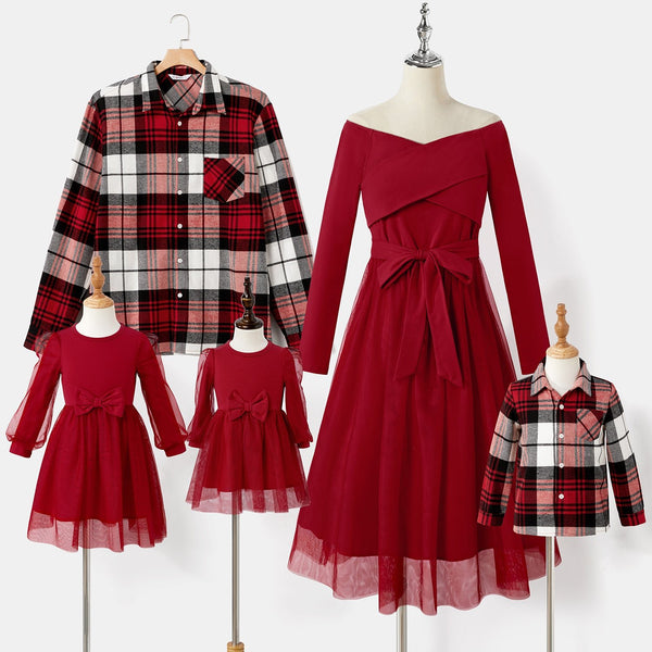 Family Matching Plaid Shirt Tops and Red Mesh Splice Belted Dresses Sets - 20699854