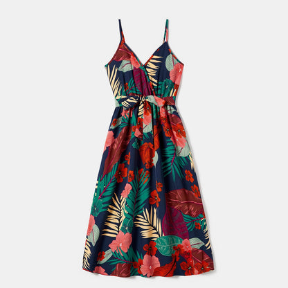Family Matching Plant Floral Print Slip Dresses and Short-sleeve T-shirts Sets - 20641021