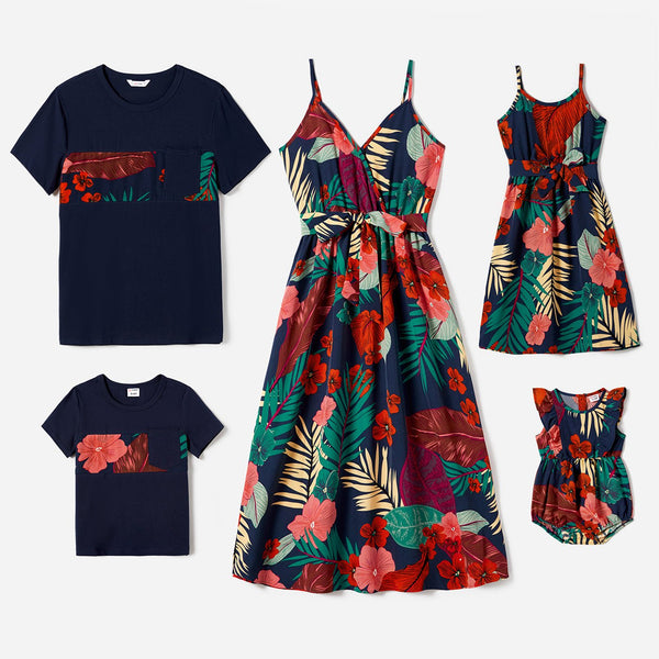 Family Matching Plant Floral Print Slip Dresses and Short-sleeve T-shirts Sets - 20641021
