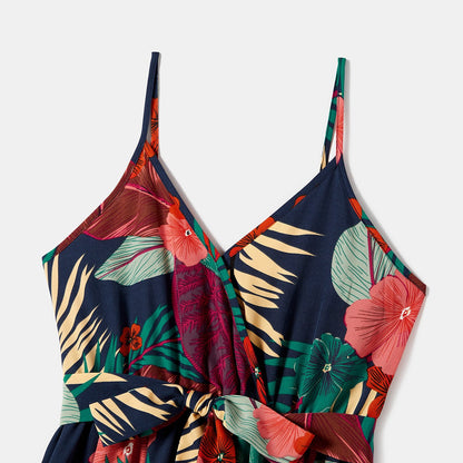 Family Matching Plant Floral Print Slip Dresses and Short-sleeve T-shirts Sets - 20641021
