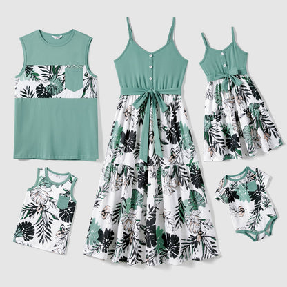 Family Matching Plant Print Belted Slip Dresses and Tank Top Sets - 20637109
