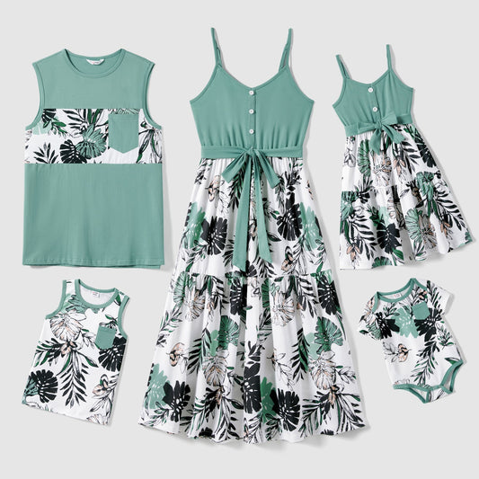 Family Matching Plant Print Belted Slip Dresses and Tank Top Sets - 20637109