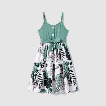 Family Matching Plant Print Belted Slip Dresses and Tank Top Sets - 20637109