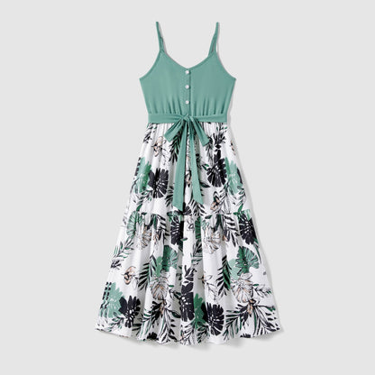 Family Matching Plant Print Belted Slip Dresses and Tank Top Sets - 20637109