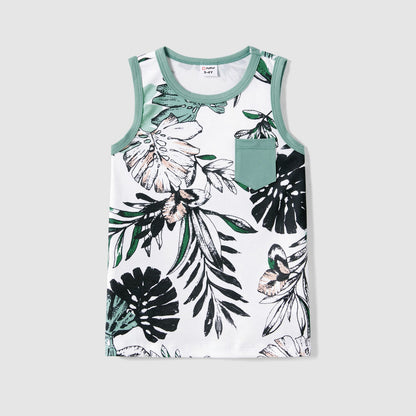 Family Matching Plant Print Belted Slip Dresses and Tank Top Sets - 20637109