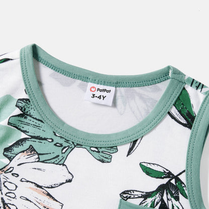 Family Matching Plant Print Belted Slip Dresses and Tank Top Sets - 20637109