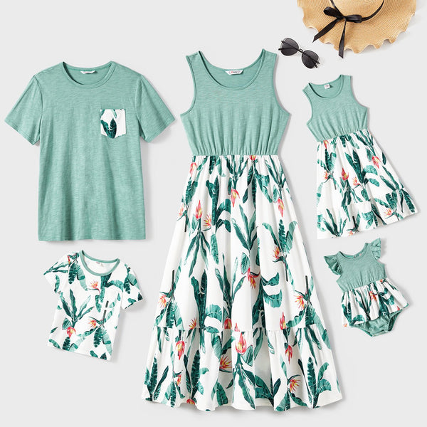 Family Matching Plant Print Panel Ruffle Hem Tank Dresses and Short-sleeve T-shirts Sets - 20653213