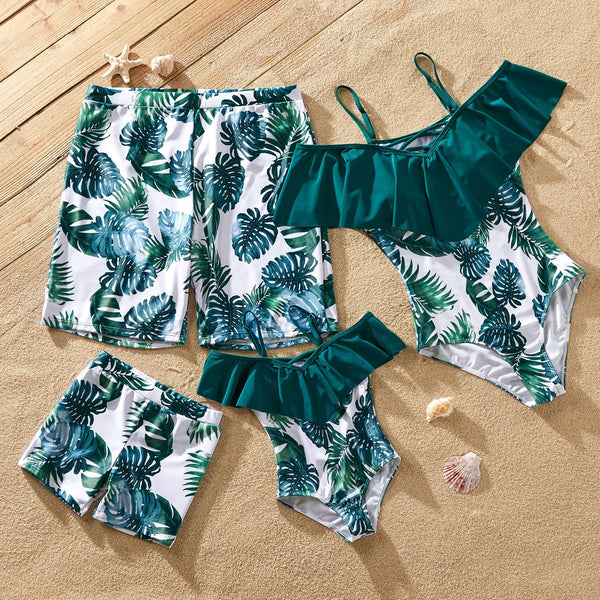 Family Matching Plant Print Ruffled One Piece Swimsuit or Swim Trunks Shorts - 20641132